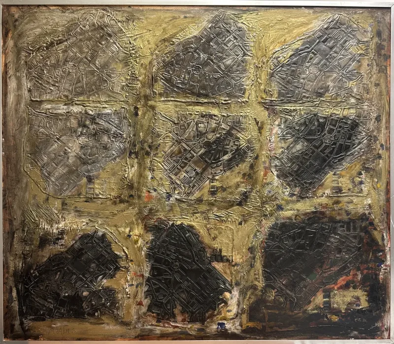 Zahit Büyükişliyen, “Göç Sonrası” — mixed media on hardboard, 1976 — Marius Art Gallery