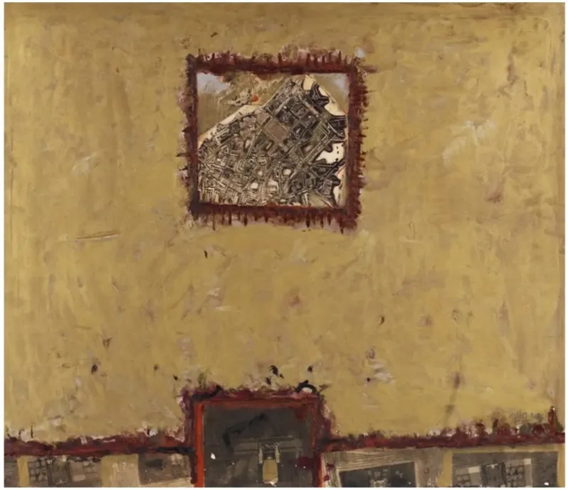 Zahit Büyükişliyen, “Göçten Sonra Gecekondular, Almanya” — mixed media on hardboard, 1976 — Marius Art Gallery