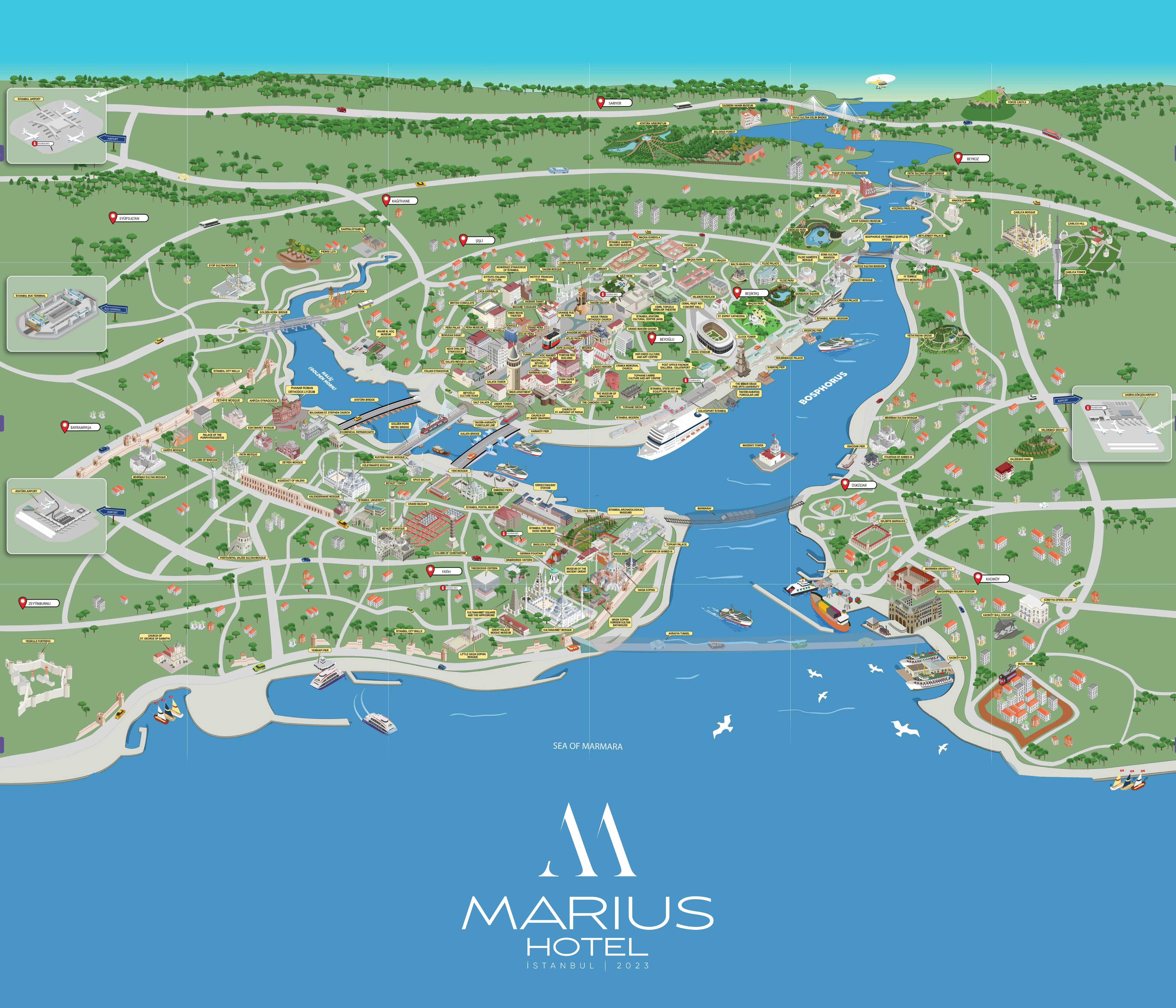 Illustrated map of Istanbul showing the sights around Hotel Marius in Sirkeci