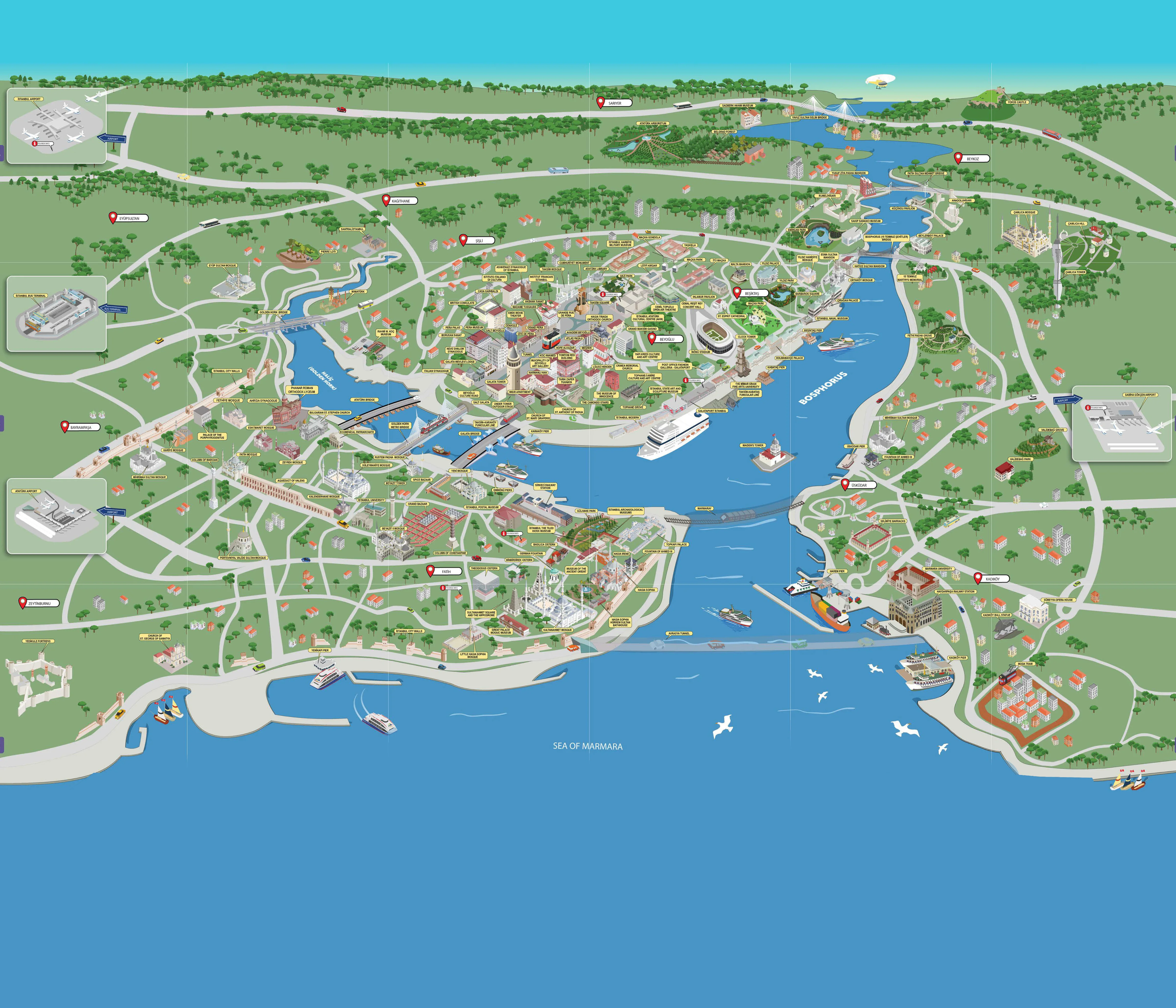 Mappa illustrata di Istanbul con i luoghi da vedere intorno all'Hotel Marius a Sirkeci