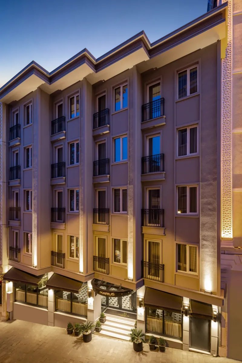 Hotel Marius lit up in the evening, Sirkeci, Istanbul