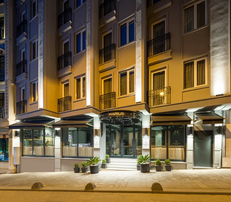 Hotel Marius lit up in the evening, Sirkeci, Istanbul